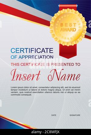 Vector template certificate of appreciation with colorful pattern, attributes of victory and place for text. Design usable for diploma, invitation, gi Stock Vector