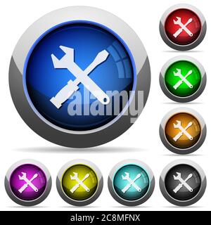 Set of round glossy tools buttons. Arranged layer structure. Stock Vector