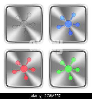 Color connect icons engraved in glossy steel push buttons. Well organized layer structure, color swatches and graphic styles. Stock Vector