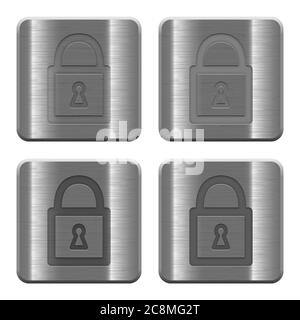Set of Locked padlock buttons vector in brushed metal style. Arranged layer, color and graphic style structure. Stock Vector