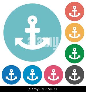 Flat anchor icon set on round color background. 8 color variations included with light teme. Stock Vector