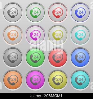 Set of 24h service plastic sunk spherical buttons on light gray background. 16 variations included. Well-organized layer, color swatch and graphic sty Stock Vector