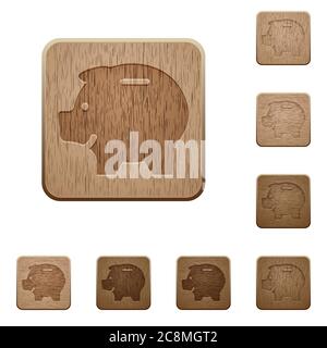 Set of carved wooden piggy bank buttons. 8 variations included. Arranged layer structure. Stock Vector