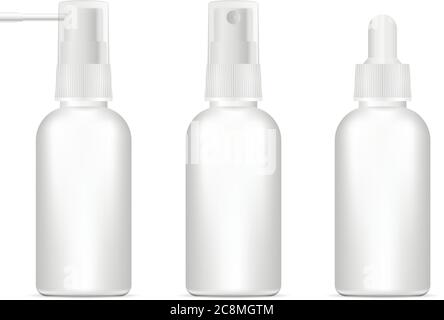 3d illustration of blank pharmaceutical containers. Set of Different medical bottles with spray, dropper. Vector mock up package design isolated on wh Stock Vector