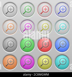 Set of zoom in plastic sunk spherical buttons on light gray background. 16 variations included. Well-organized layer, color swatch and graphic style s Stock Vector