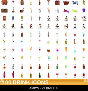 100 drink icons set. Cartoon illustration of 100 drink icons vector set isolated on white background Stock Vector
