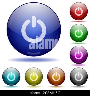 Set of color power off glass sphere buttons with shadows. Arranged layer structure. Stock Vector