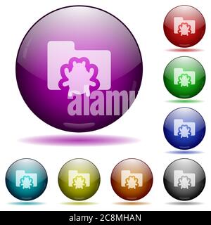 Set of color bug folder, glass sphere buttons with shadows. Arranged layer structure. Stock Vector