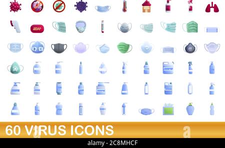 60 virus icons set. Cartoon illustration of 60 virus icons vector set isolated on white background Stock Vector