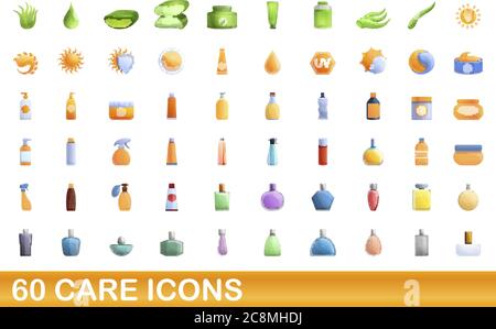 60 care icons set. Cartoon illustration of 60 care icons vector set isolated on white background Stock Vector