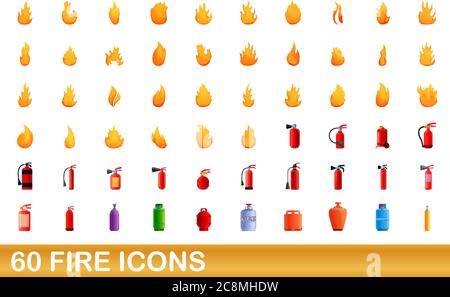 60 fire icons set. Cartoon illustration of 60 fire icons vector set isolated on white background Stock Vector