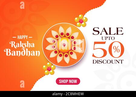 Happy Raksha Bandhan sale banner, discount upto 50%, shop now poster, beautiful rakhi template, vector Stock Vector