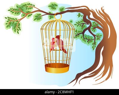 Two Birds in golden cage in watercolor style. Vector illustration. Stock Vector