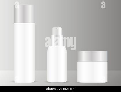 White cosmetics set with silver lids. Bottles for toner, serum and cream jar. Isolated vector illustration. EPS10 format. Stock Vector