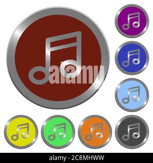 Set of glossy coin-like color music buttons. Arranged layer structure. Stock Vector