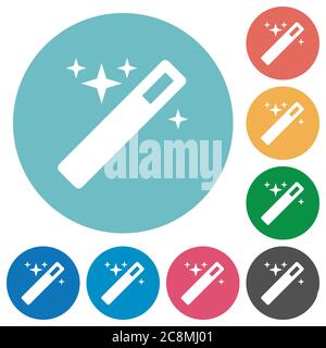 Flat magic wand icon set on round color background. 8 color variations included with light teme. Stock Vector
