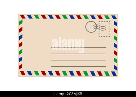 Postcard isolated on white background. Envelope with color stripe. Vintage template. Realistic old retro postcard back view. Stock vector illustration Stock Vector