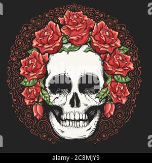 Human skull and rose flower wreath tattoo. Los muertos. Vector illustration. Stock Vector