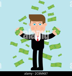 Money dropping from above and a business man character collecting money vector illustration Stock Vector