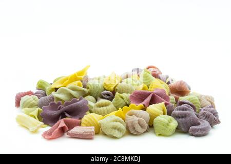 Close-up view of the colorful macaroni isolated on the white background. Stock Photo