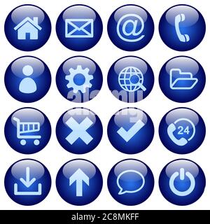 Basic web button set in round glossy style with dark blue colors. Hover or active  status icon color used. Stock Vector