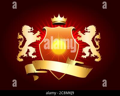 Heraldic Coat of arms with crown, shield, ribbon and golden lions. Vector illustration. Stock Vector