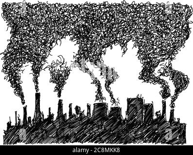 had drawn sketch of modern dark industrial city with lots of pollution and smoke and smog coming from smokestacks and chimneys Stock Vector