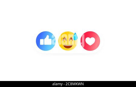 Thumbs up and heart label with cartoon smile. Set of social icons. Vector on isolated white background. EPS 10. Laugh, wonder, sad, and angry head Stock Vector