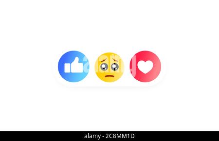 Thumbs up and heart label with cartoon smile. Set of social icons. Vector on isolated white background. EPS 10. Laugh, wonder, sad, and angry head Stock Vector