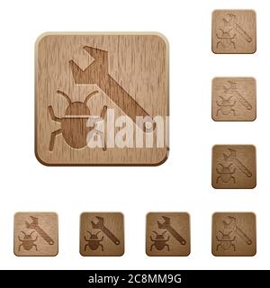Set of carved wooden bug fixing buttons in 8 variations. Stock Vector