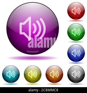 Set of color volume glass sphere buttons with shadows. Arranged layer structure. Stock Vector