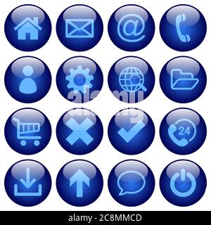 Basic web button set in round glossy style with dark blue colors. Normal status icon color used. Stock Vector