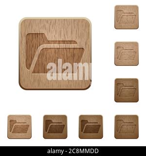 Set of carved wooden folder open buttons in 8 variations. Stock Vector