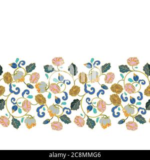 Vector royal baroque intarsia style floral border, seamless design with hand drawn historic florals on white background. Nature background. Surface pattern design. Stock Vector
