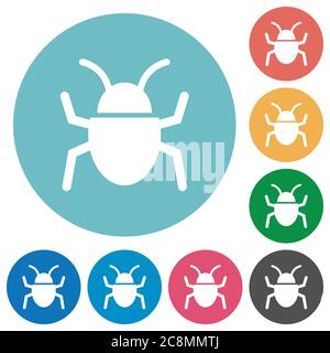 Flat bug icon set on round color background. Stock Vector