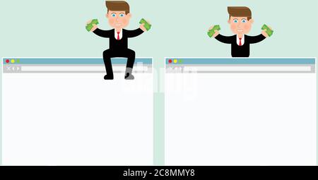 Website blank browser and man character. Monetise money online concept. Flat design vector illustration. Stock Vector