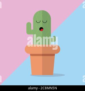 Tall Cacti Cactus Cute Face Character On Pink And Light Blue Background succulent Illustration Vector Stock Vector