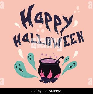Happy halloween. Vector halloween emblem with ghosts and cauldron Stock Vector
