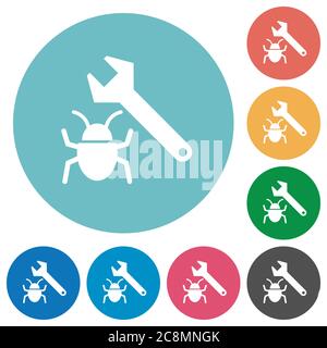 Flat bug fixing icon set on round color background. Stock Vector