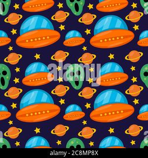 alien with spaceship seamless pattern vector illustration background Stock Vector