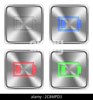 Color low battery icons engraved in glossy steel push buttons. Stock Vector