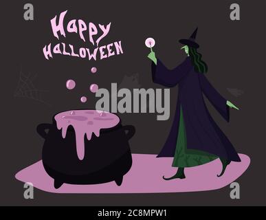 Silhouette of a witch who is cooking a potion in a cauldron. Vector illustration in cartoon style. Stock Vector