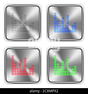 Color sound bars icons engraved in glossy steel push buttons. Stock Vector