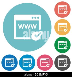 Flat domain registration icon set on round color background. Stock Vector