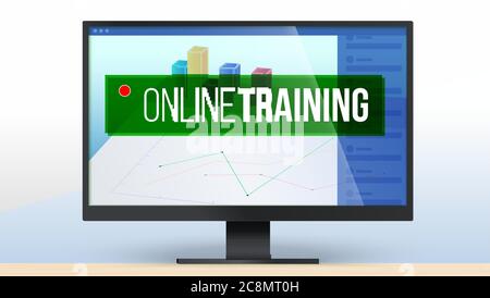 Banner for online training. Computer monitor with graphs and charts on screen. Concept for online courses or education. Vector 3D illustration Stock Vector