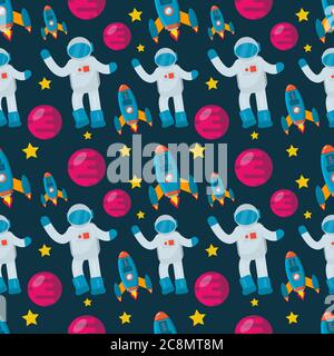 astronaut with spaceship seamless pattern vector illustration background Stock Vector