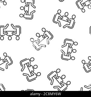 People with table icon in flat style. Teamwork conference vector illustration on white isolated background. Speaker dialog seamless pattern business c Stock Vector