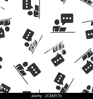 People with laptop computer icon in flat style. Pc user vector illustration on white isolated background. Office manager seamless pattern business con Stock Vector