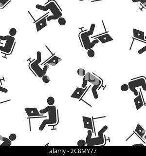 People with laptop computer icon in flat style. Pc user vector illustration on white isolated background. Office manager seamless pattern business con Stock Vector