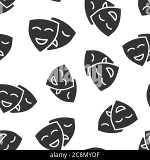 Theater mask icon in flat style. Comedy and tragedy vector illustration on white isolated background. Smile face seamless pattern business concept. Stock Vector